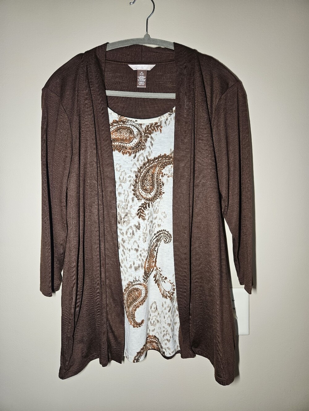 White Stag Sz M Brown Open-Front Cardigan 3/4 Three Quarter Sleeve Paisley